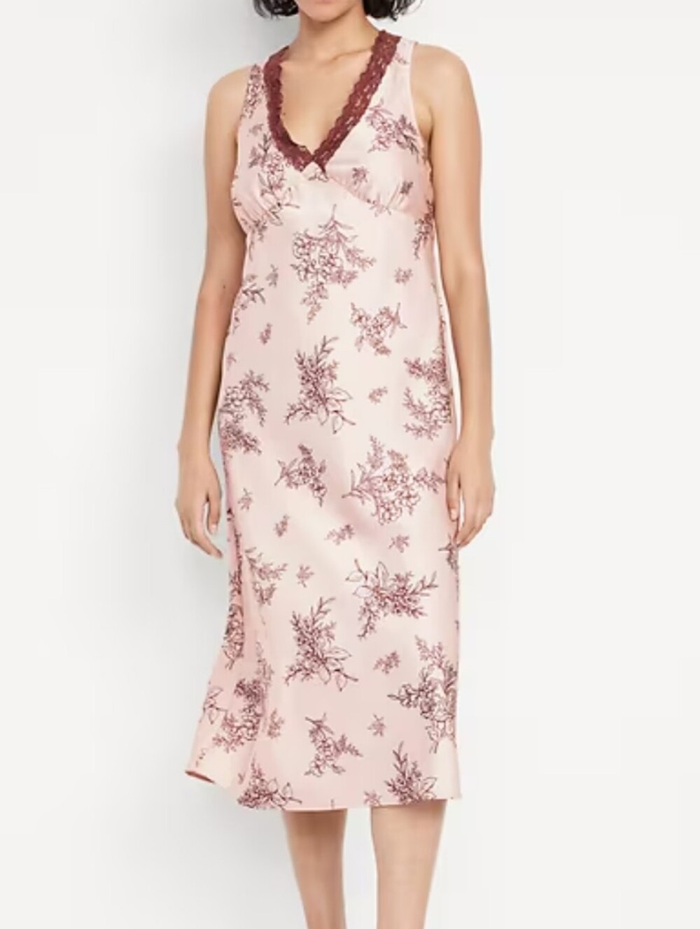 Old Navy Blush Pink Floral Satin Slip Dress with Burgundy Lace Trim